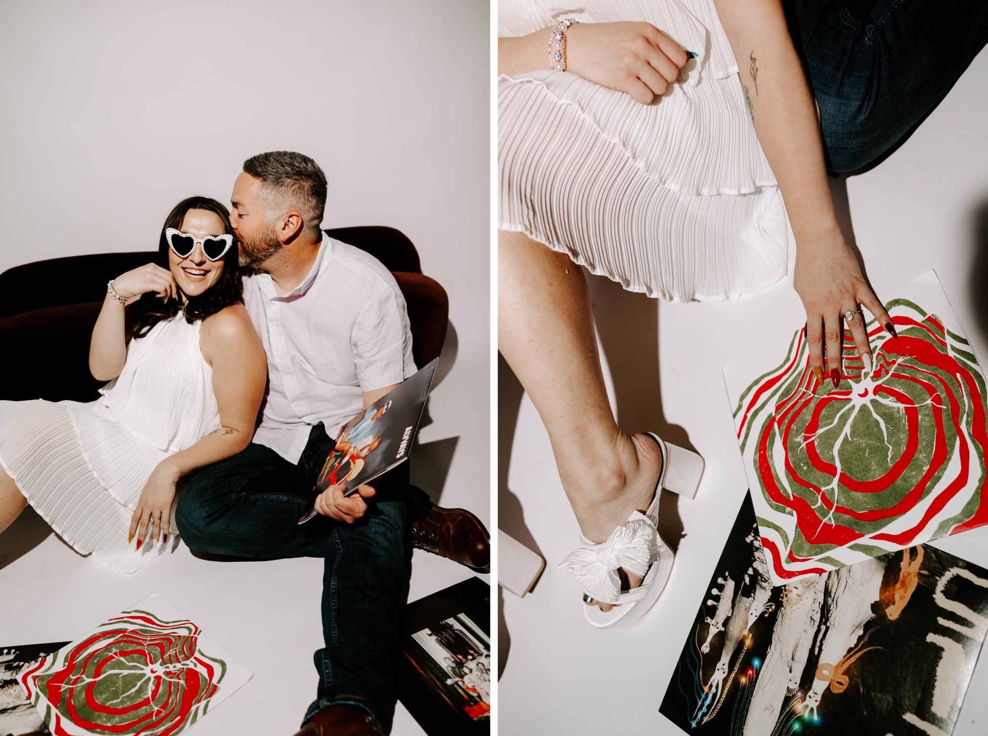 retro editorial direct flash photography; styled engagement sessions; retro nail color; retro nails