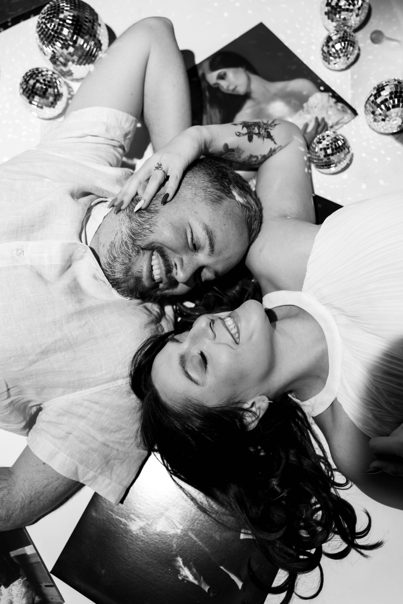 retro editorial direct flash photography; styled engagement sessions