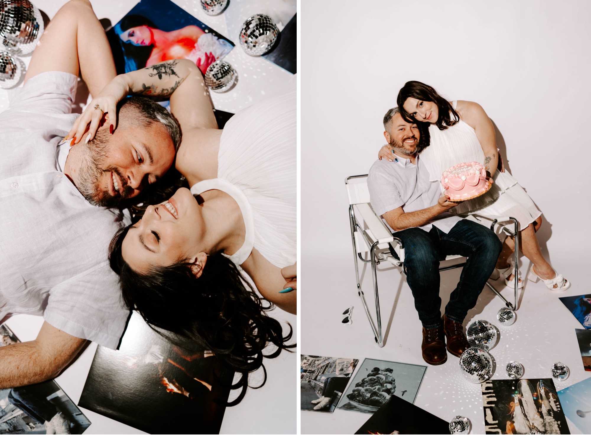 vinyl records, disco balls, and vintage-style cake for "just engaged" photo session