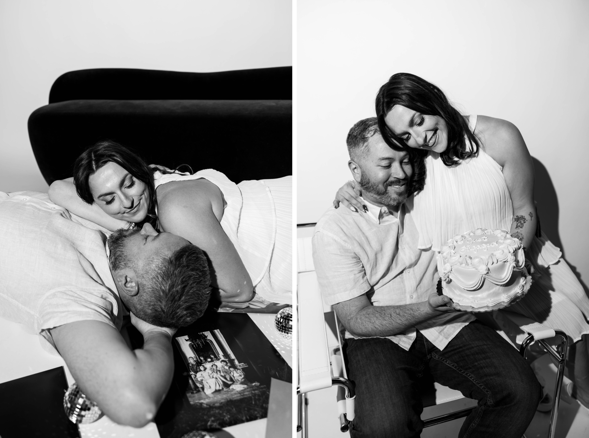 retro editorial direct flash photography; styled engagement sessions