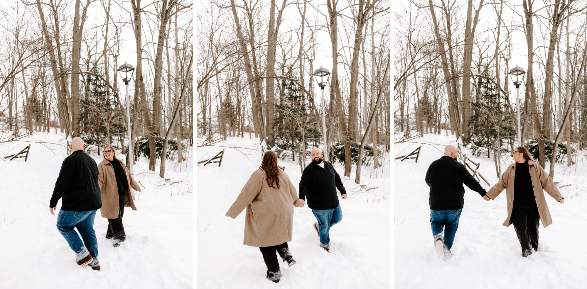 dancing in the snow for engagement photos
