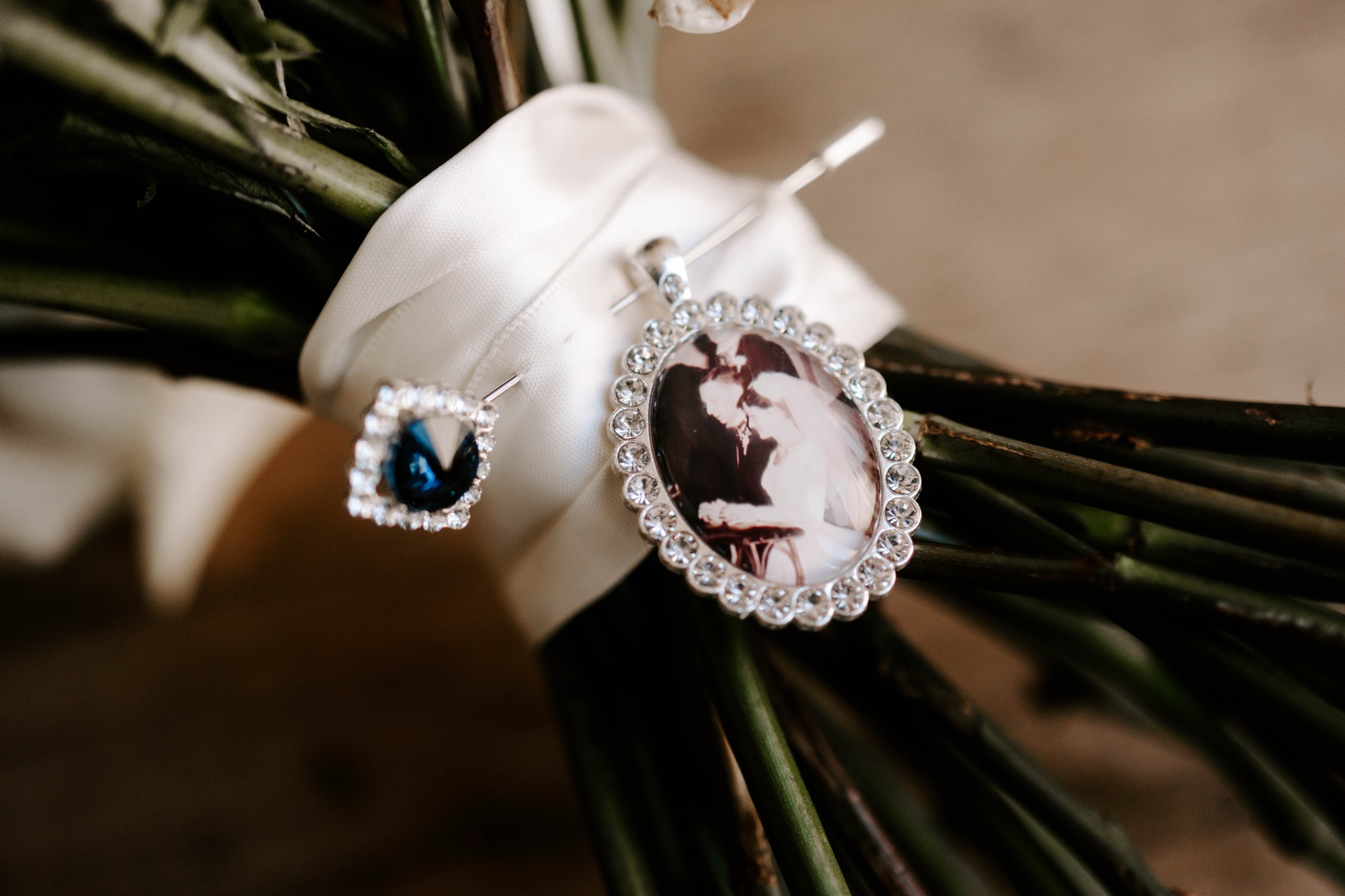 bridal bouquet something old, something new, something borrowed, something blue wedding bouquet pins and charms