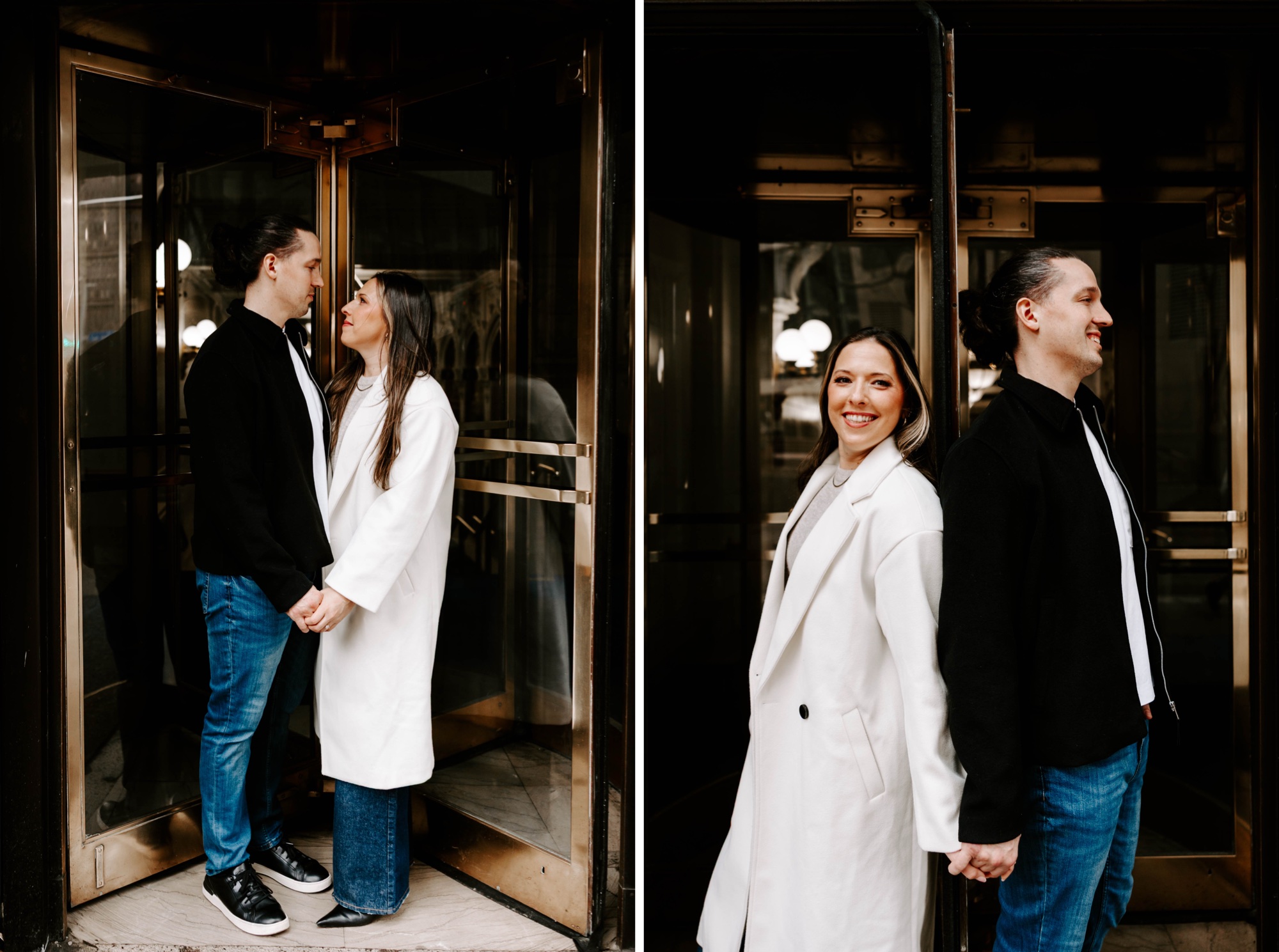 outfit ideas for indoor outdoor engagement session; cute revolving door couples photos 